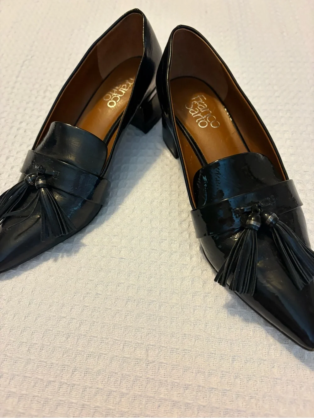 Franco Sarto Black Patent Pointed Tassel Loafers